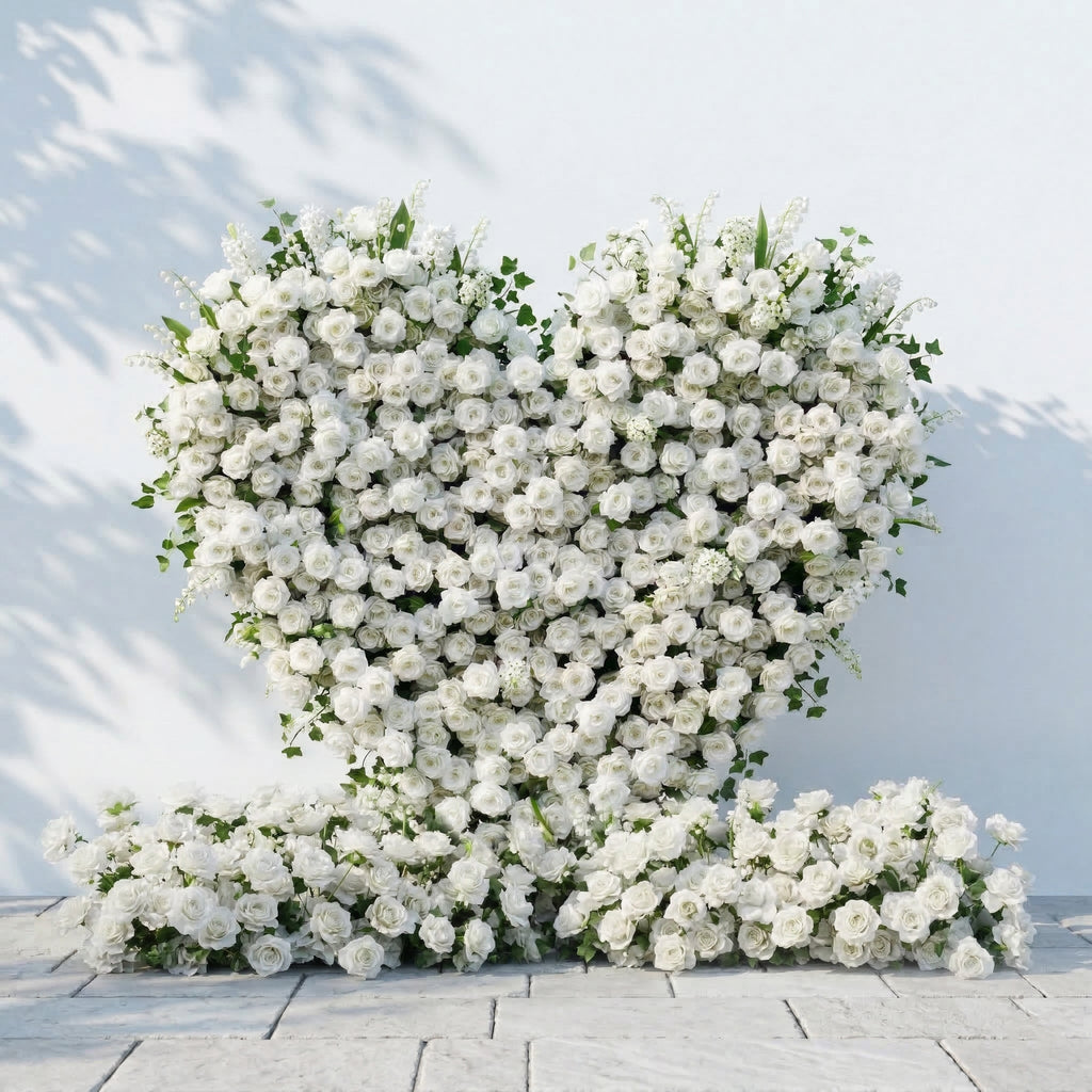 Petalya | 3D White Silk Rose Heart Floral Backdrop Decor for Proposal & Anniversary Backdrop | Shipping Included