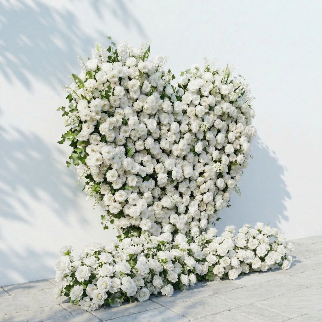 Petalya | 3D White Silk Rose Heart Floral Backdrop Decor for Proposal & Anniversary Backdrop | Shipping Included