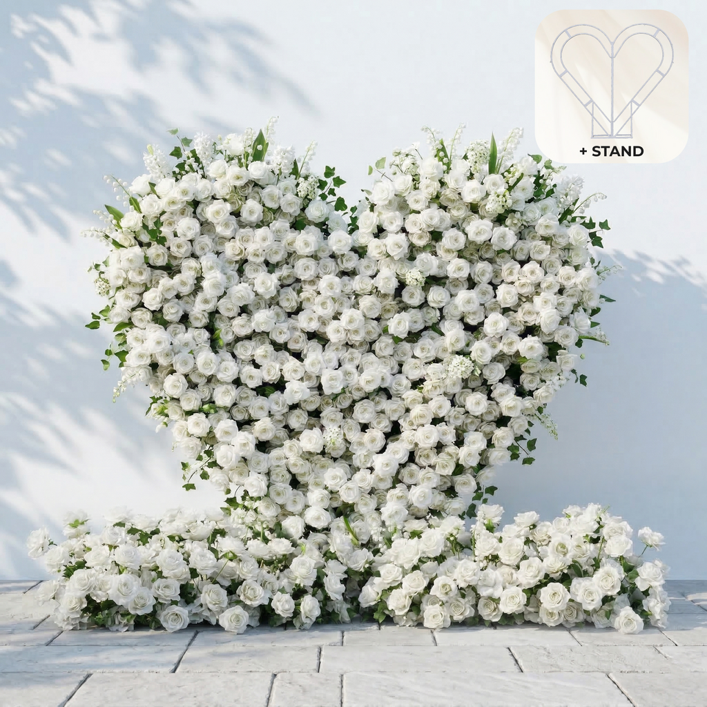 Petalya | 3D White Silk Rose Heart Floral Backdrop Decor for Proposal & Anniversary Backdrop | Shipping Included
