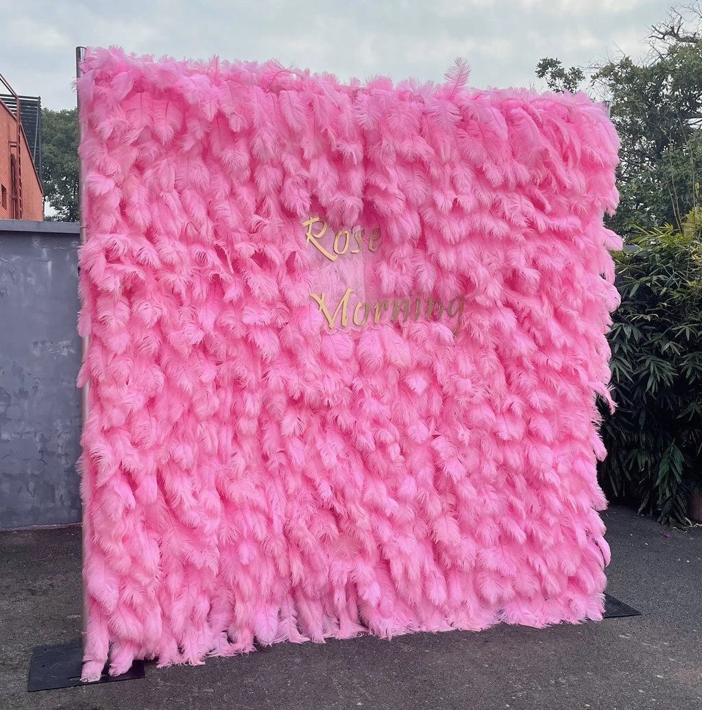 Pink Feather | 5D Event-Ready Artificial Floral Wall Backdrop, Roll-Up Fabric | Shipping Included