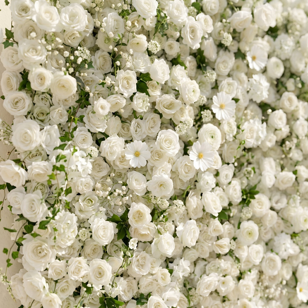 Rosiva | Luxury 5D All-White Floral Wall with Greenery Roll-Up Backdrop for Rustic Garden Weddings | Shipping Included