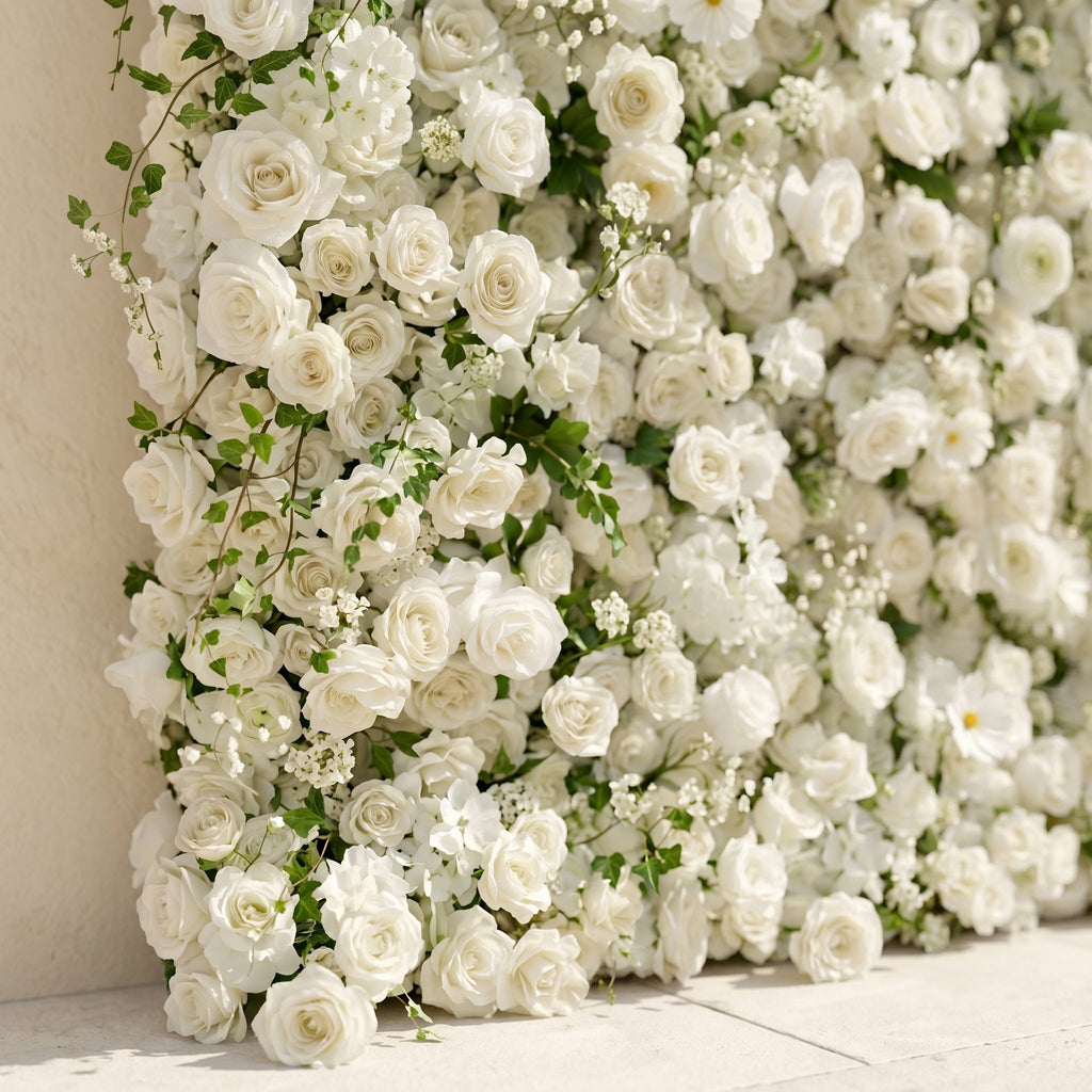 Rosiva | Luxury 5D All-White Floral Wall with Greenery Roll-Up Backdrop for Rustic Garden Weddings | Shipping Included