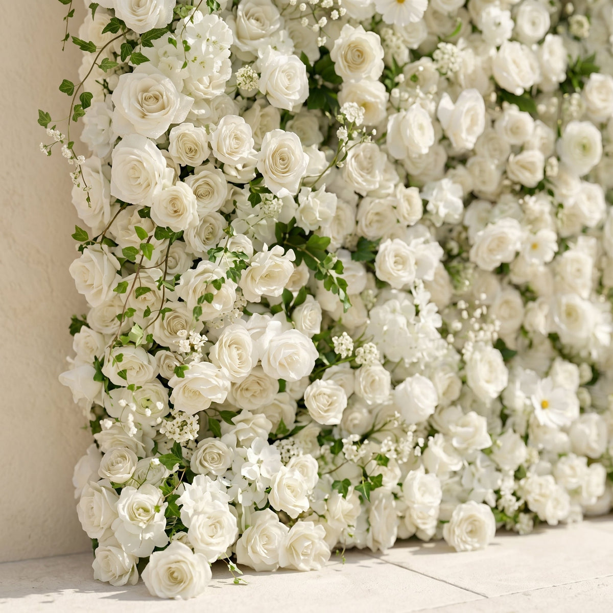 Rosiva | Luxury 5D All-White Floral Wall with Greenery Roll-Up Backdrop for Rustic Garden Weddings | Shipping Included