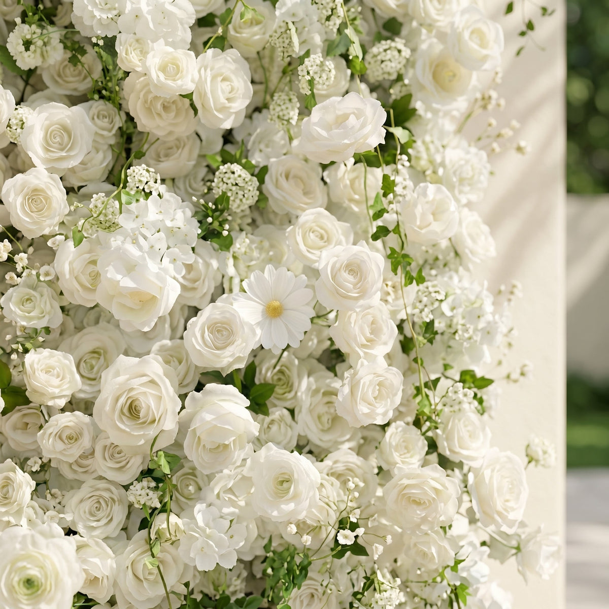 Rosiva | Luxury 5D All-White Floral Wall with Greenery Roll-Up Backdrop for Rustic Garden Weddings | Shipping Included