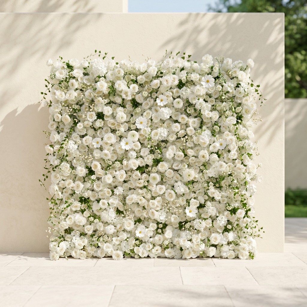 Rosiva | Luxury 5D All-White Floral Wall with Greenery Roll-Up Backdrop for Rustic Garden Weddings | Shipping Included