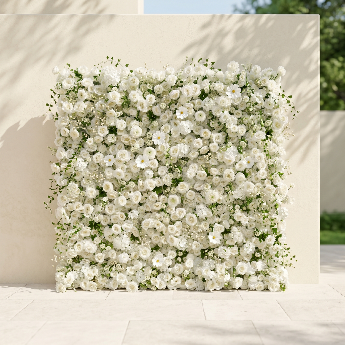 Rosiva | Luxury 5D All-White Floral Wall with Greenery Roll-Up Backdrop for Rustic Garden Weddings | Shipping Included