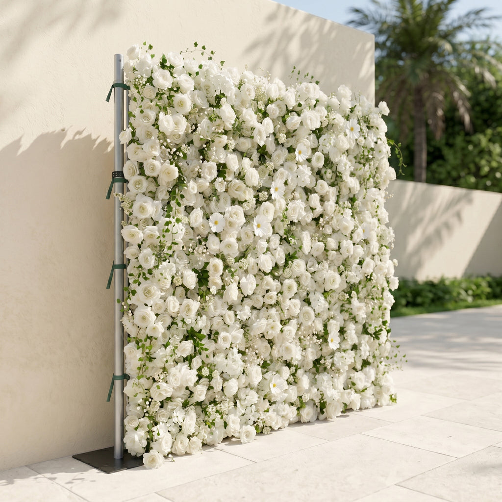 Rosiva | Luxury 5D All-White Floral Wall with Greenery Roll-Up Backdrop for Rustic Garden Weddings | Shipping Included