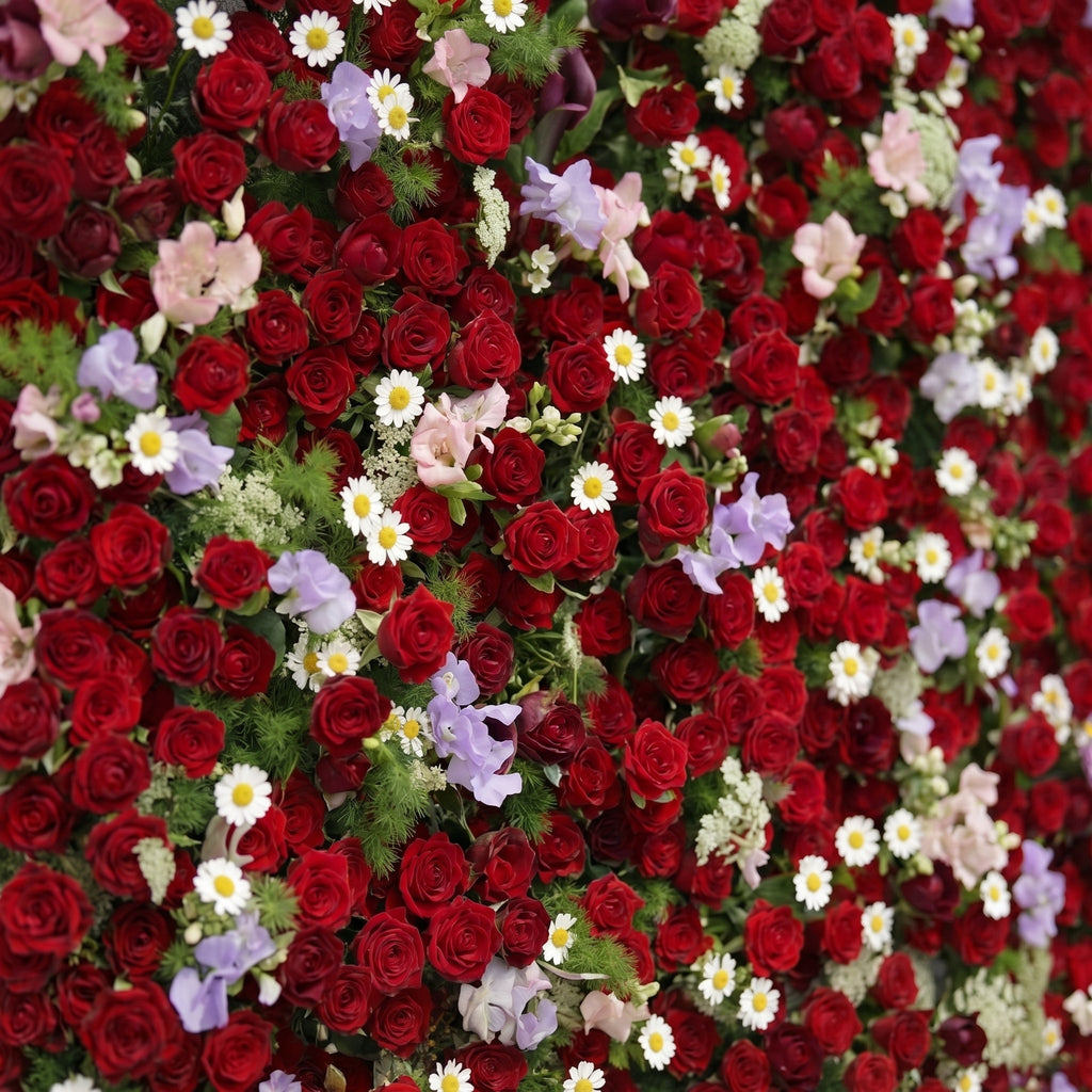 Sabbelle | Luxury 4D Ruby Red Rose Silk Floral Wall Backdrop with White Daisy & Lavender Accents for Romantic Weddings | Shipping Included