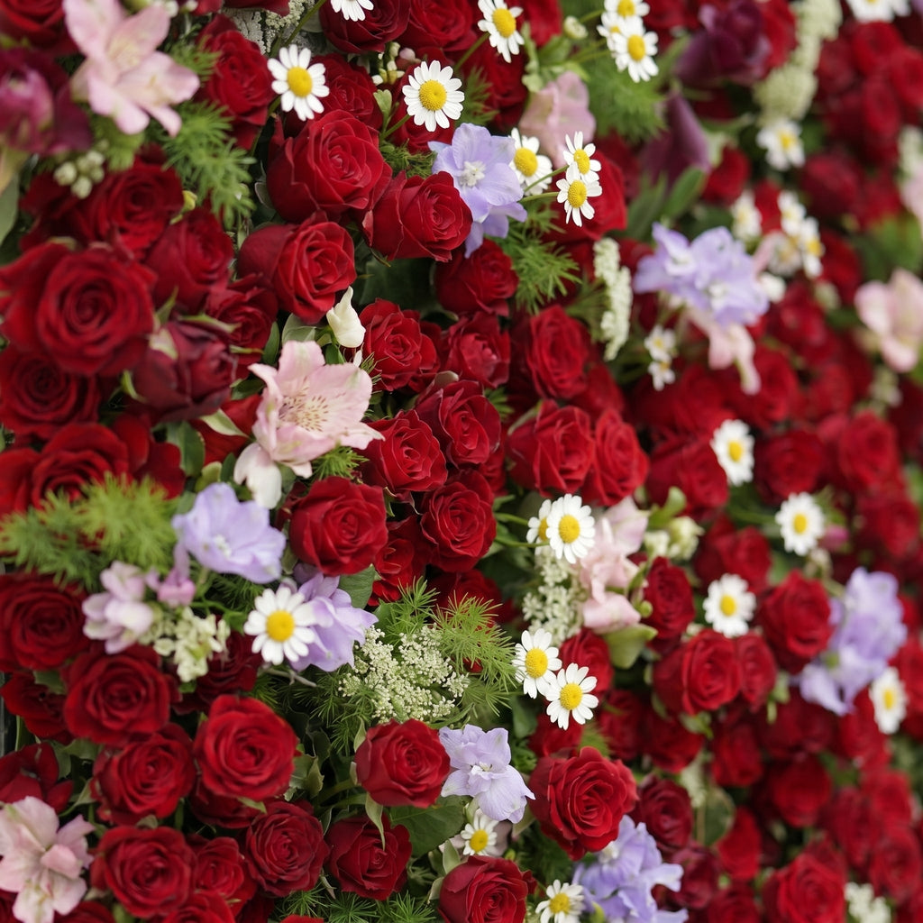 Sabbelle | Luxury 4D Ruby Red Rose Silk Floral Wall Backdrop with White Daisy & Lavender Accents for Romantic Weddings | Shipping Included