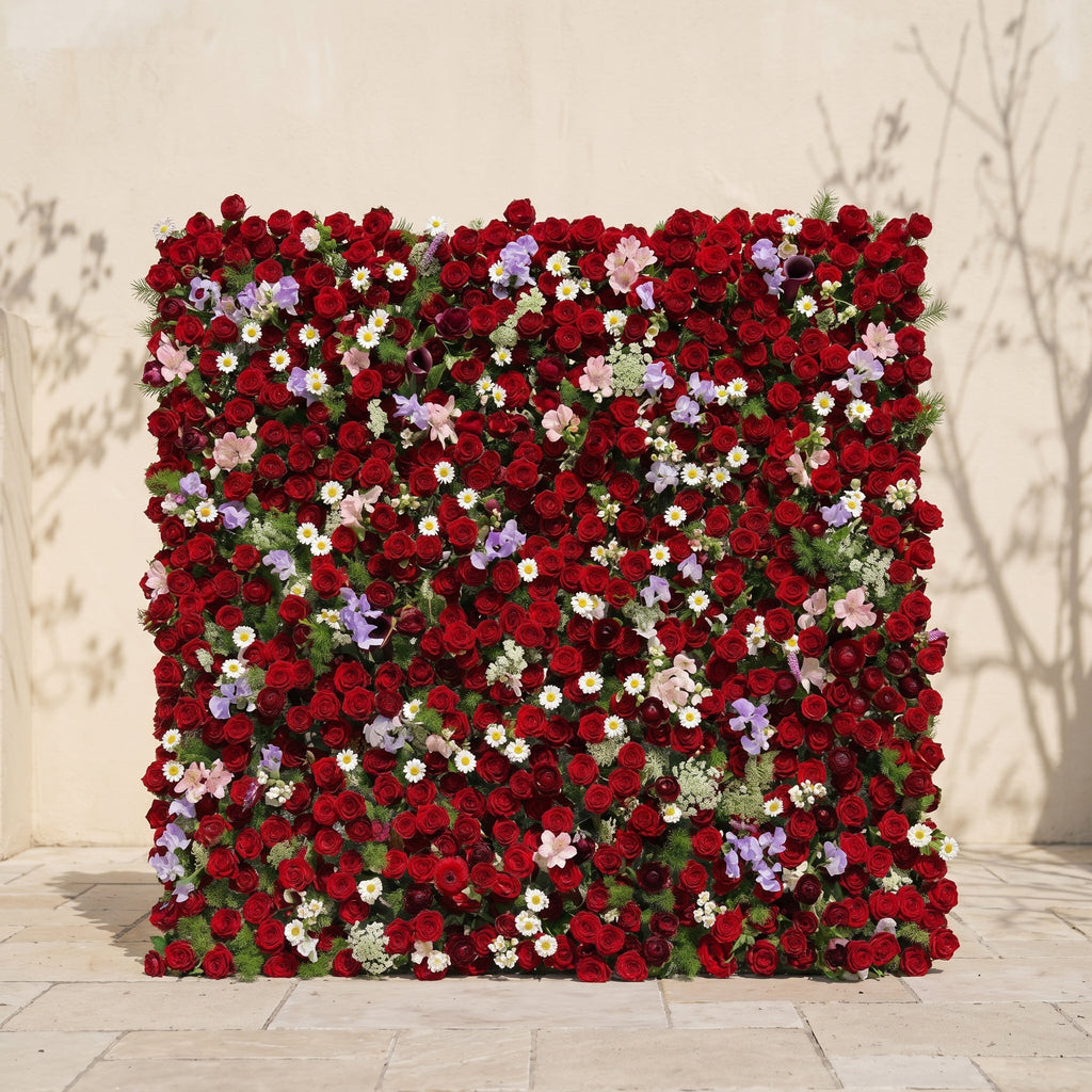 Sabbelle | Luxury 4D Ruby Red Rose Silk Floral Wall Backdrop with White Daisy & Lavender Accents for Romantic Weddings | Shipping Included