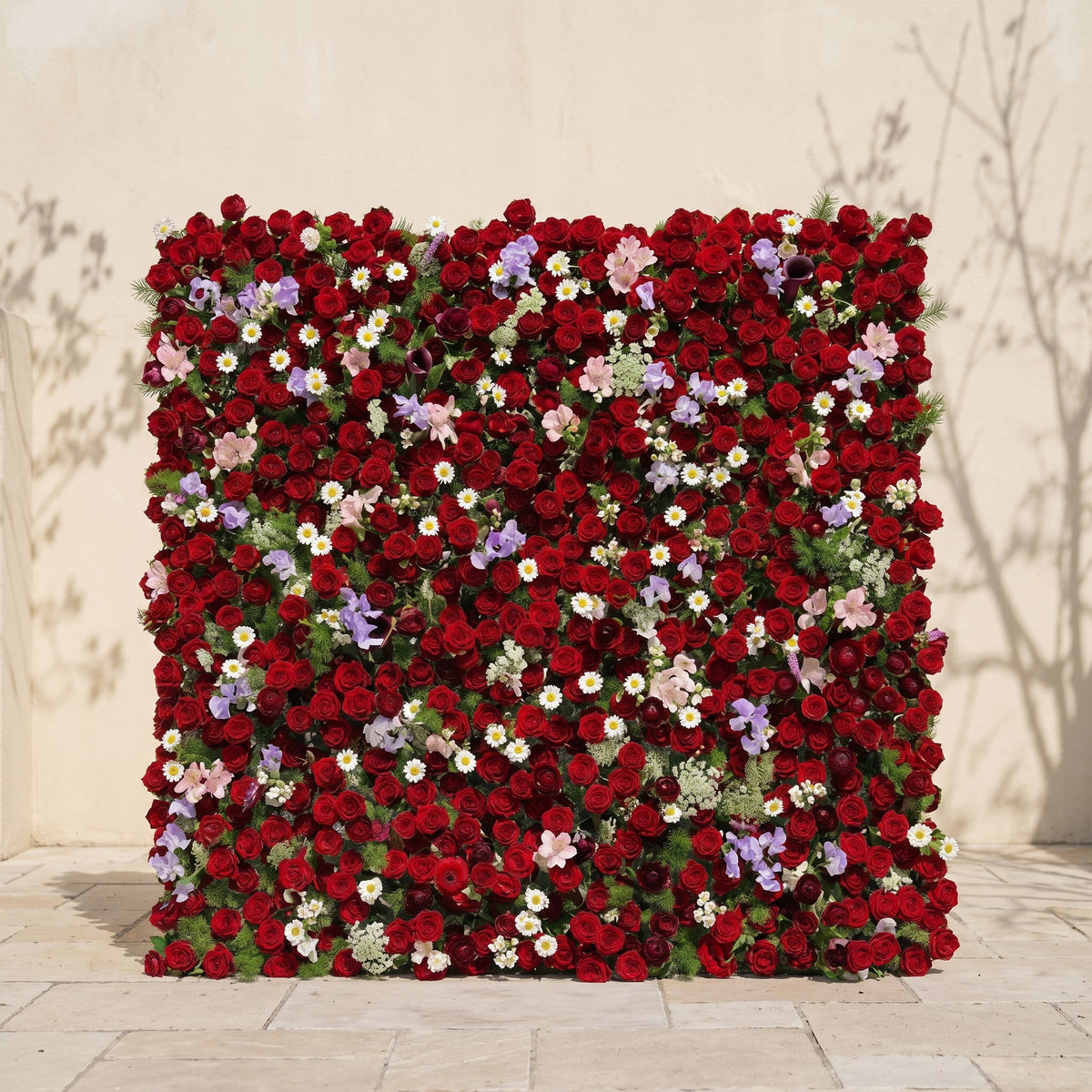 Sabbelle | Luxury 4D Ruby Red Rose Silk Floral Wall Backdrop with White Daisy & Lavender Accents for Romantic Weddings | Shipping Included