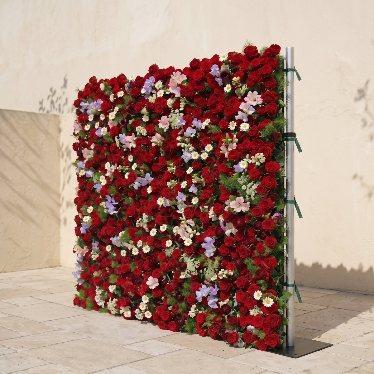Sabbelle | Luxury 4D Ruby Red Rose Silk Floral Wall Backdrop with White Daisy & Lavender Accents for Romantic Weddings | Shipping Included