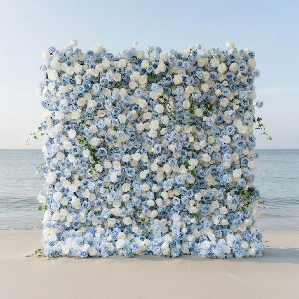 Sapphira | Luxury 5D Serene Blue & Cream Event-Ready Silk Floral Wall Backdrop for Seaside Weddings & Events | Shipping Included