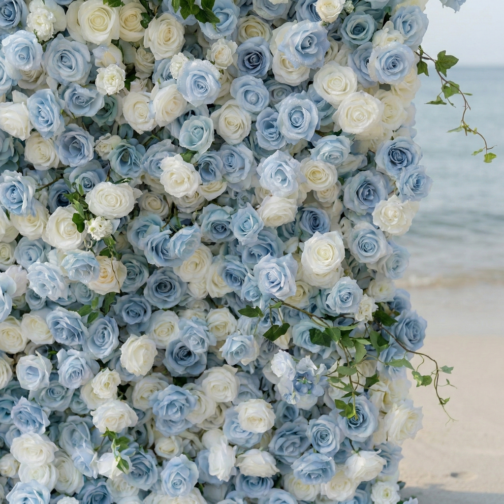Sapphira | Luxury 5D Serene Blue & Cream Event-Ready Silk Floral Wall Backdrop for Seaside Weddings & Events | Shipping Included