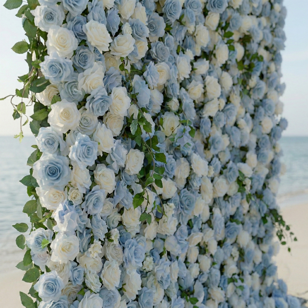 Sapphira | Luxury 5D Serene Blue & Cream Event-Ready Silk Floral Wall Backdrop for Seaside Weddings & Events | Shipping Included