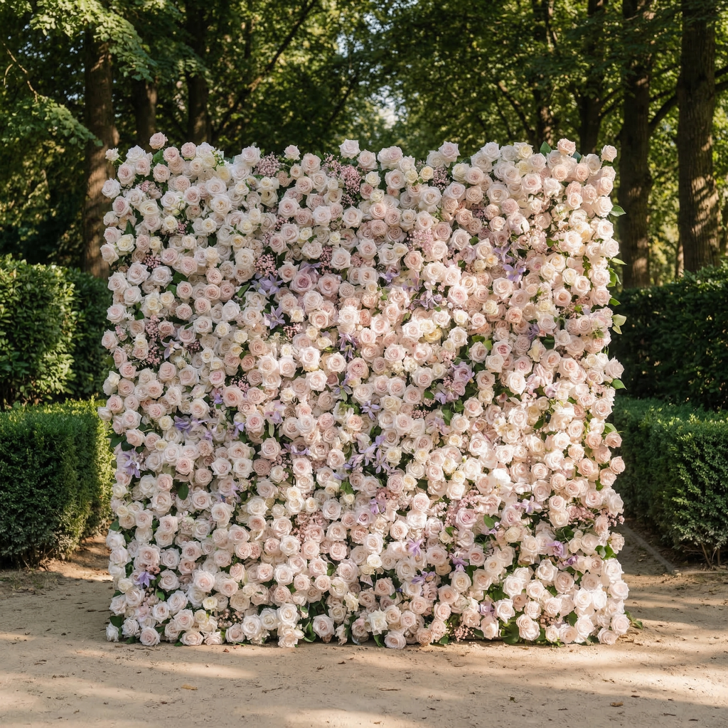 Selira | 5D Creamy Blush and Soft Lilac Event-Ready Silk Rose Floral Wall Backdrop for Elegant Events & Parties | Shipping Included