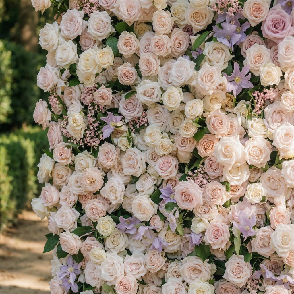 Selira | 5D Creamy Blush and Soft Lilac Event-Ready Silk Rose Floral Wall Backdrop for Elegant Events & Parties | Shipping Included