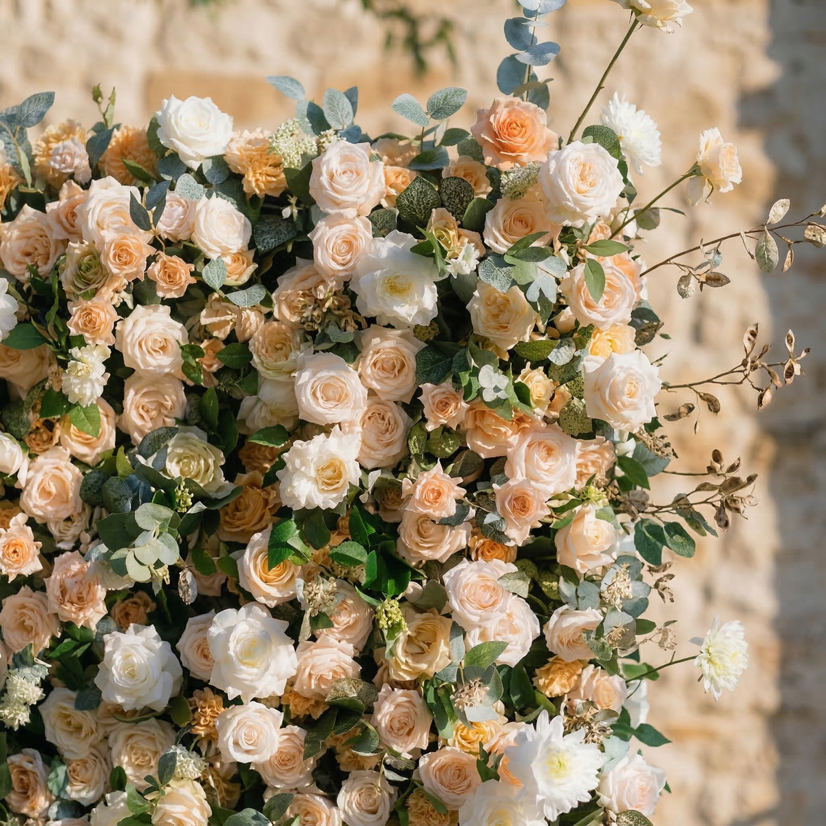 Tarelle | 5D Champagne and Cream Event-Ready Silk Rose Floral Wall Backdrop for Garden Weddings & Events | Shipping Included