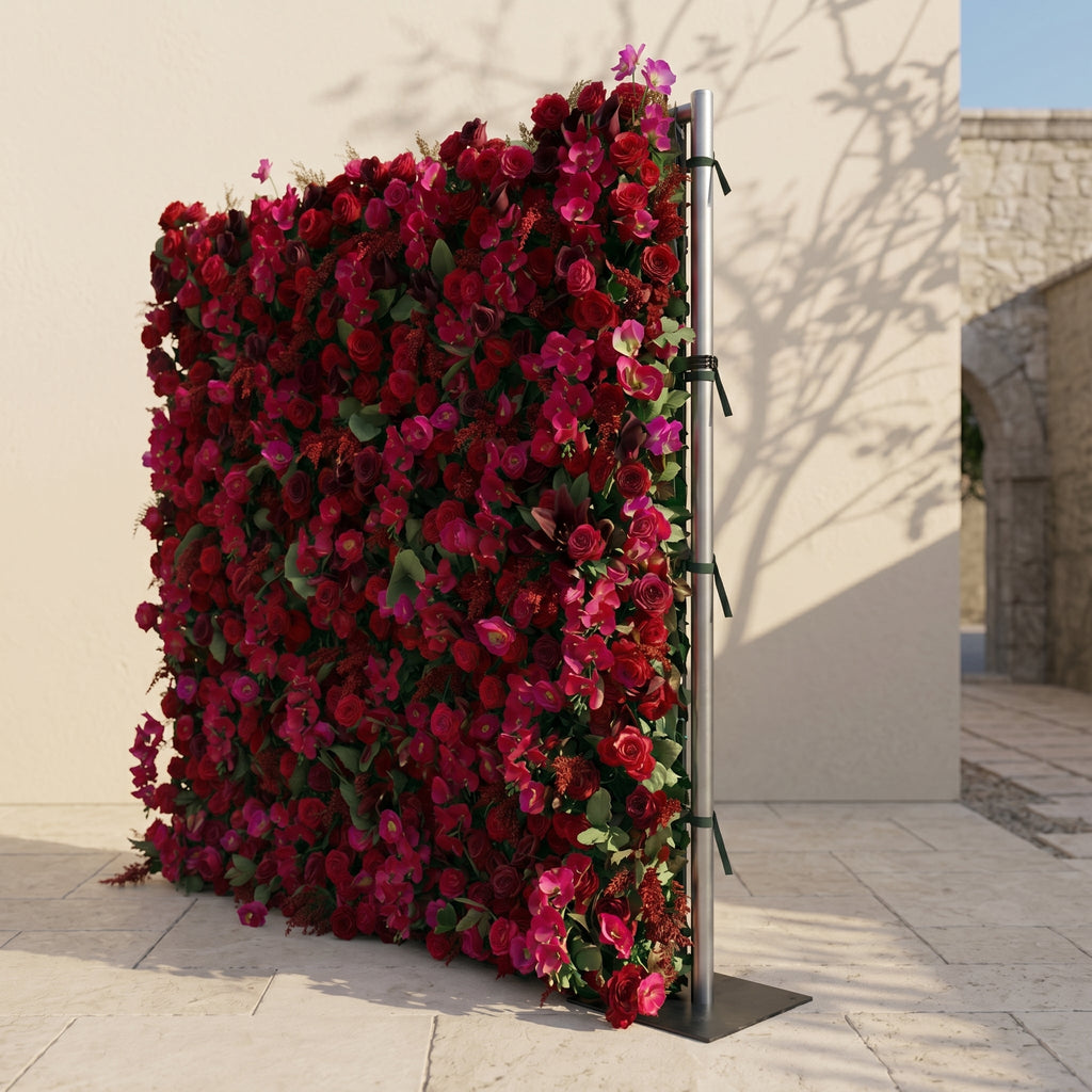 Torella | 5D Luxury Burgundy Red Event-Ready Silk Rose Floral Wall Backdrop for Romantic Wedding & Proposal Setups | Shipping Included