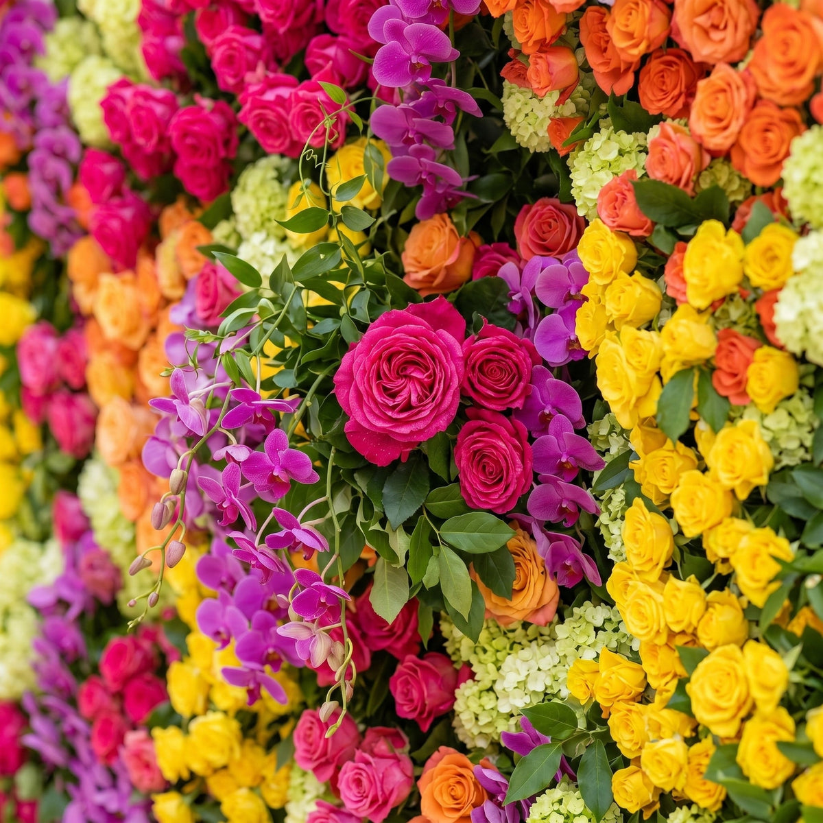 Valnella | 5D Rainbow Tropical Mixed Bright Tone Event-Ready Silk Rose Floral Wall Backdrop for Romantic Wedding & Proposal Setups | Shipping Included