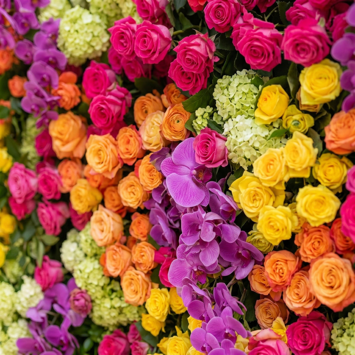 Valnella | 5D Rainbow Tropical Mixed Bright Tone Event-Ready Silk Rose Floral Wall Backdrop for Romantic Wedding & Proposal Setups | Shipping Included