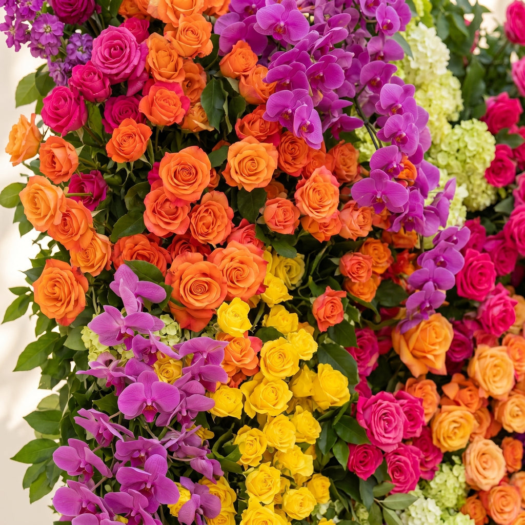 Valnella | 5D Rainbow Tropical Mixed Bright Tone Event-Ready Silk Rose Floral Wall Backdrop for Romantic Wedding & Proposal Setups | Shipping Included