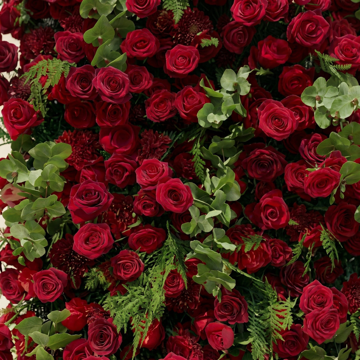 Velrella | Luxury 5D Red Roses Silk Floral Wall with Greenery Roll-Up Backdrop for Romantic Weddings | Shipping Included