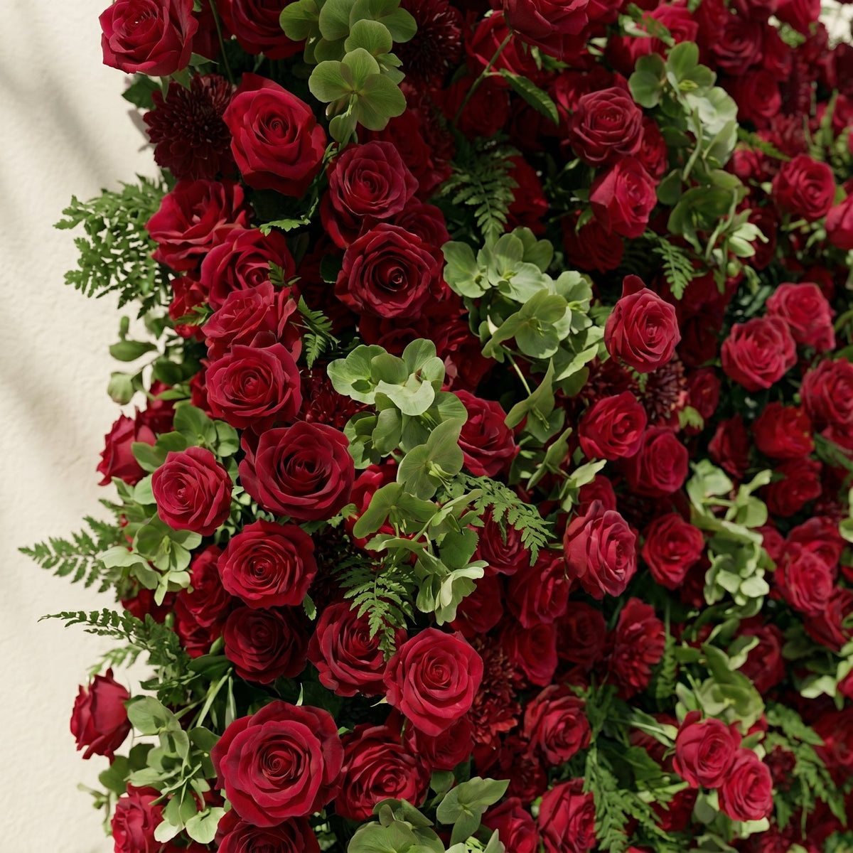 Velrella | Luxury 5D Red Roses Silk Floral Wall with Greenery Roll-Up Backdrop for Romantic Weddings | Shipping Included