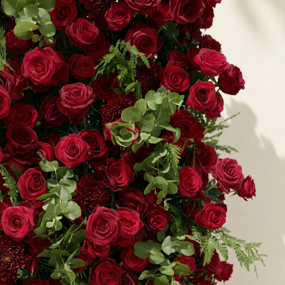 Velrella | Luxury 5D Red Roses Silk Floral Wall with Greenery Roll-Up Backdrop for Romantic Weddings | Shipping Included