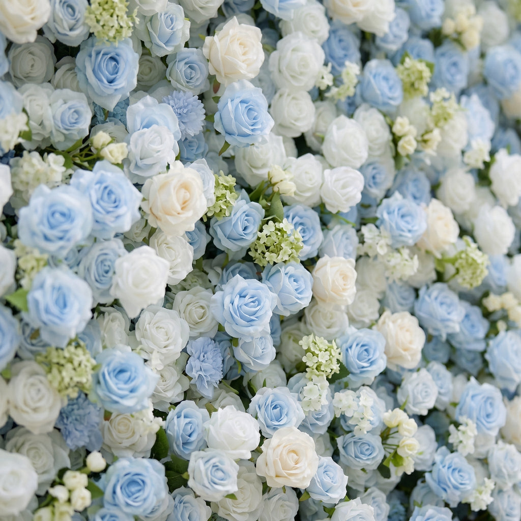 Vasper | 5D Dusty Baby Blue & Ivory White Event-Ready Silk Rose Floral Wall Backdrop for Romantic Wedding & Proposal Setups | Shipping Included