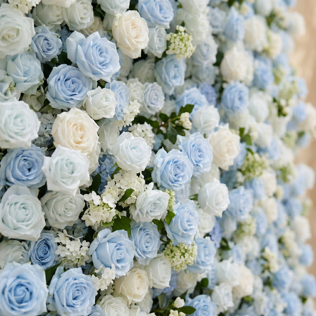 Vasper | 5D Dusty Baby Blue & Ivory White Event-Ready Silk Rose Floral Wall Backdrop for Romantic Wedding & Proposal Setups | Shipping Included