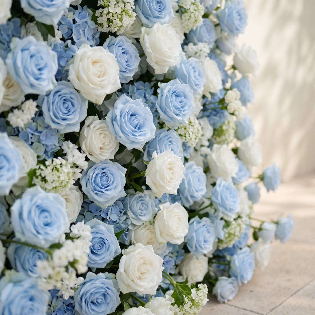 Vasper | 5D Dusty Baby Blue & Ivory White Event-Ready Silk Rose Floral Wall Backdrop for Romantic Wedding & Proposal Setups | Shipping Included