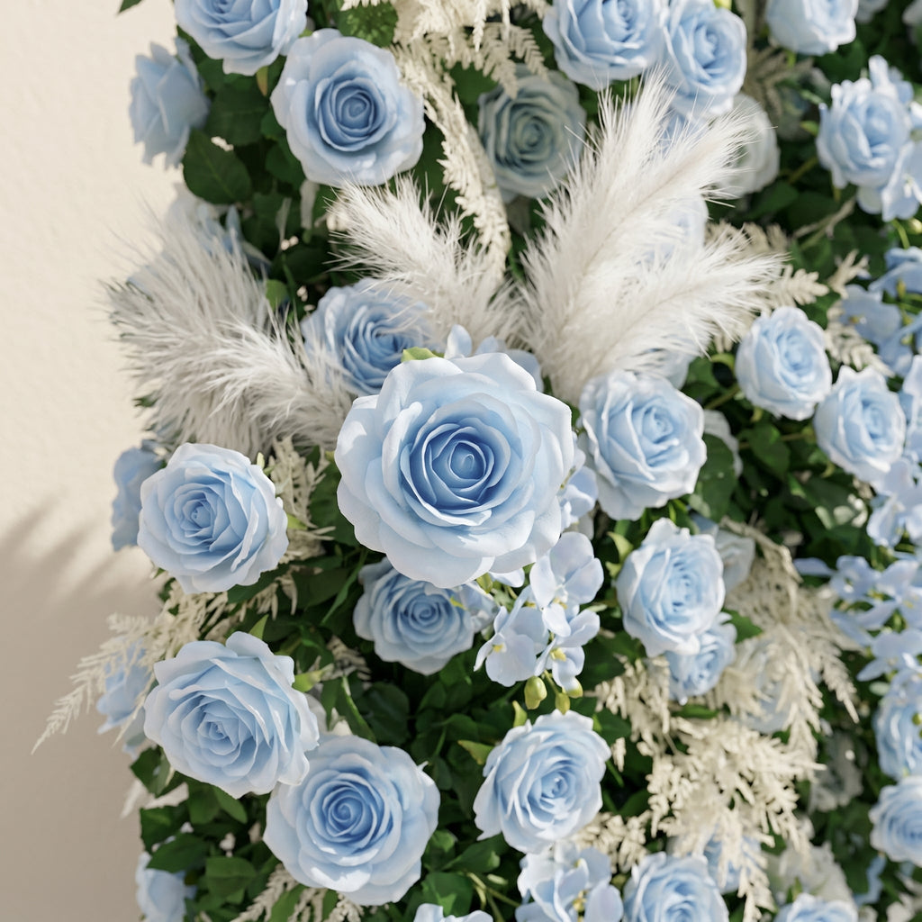 Zarenviane | Luxury 5D Dusty Blue Floral Wall with Greenery Roll-Up Backdrop for Serene Garden Weddings | Shipping Included