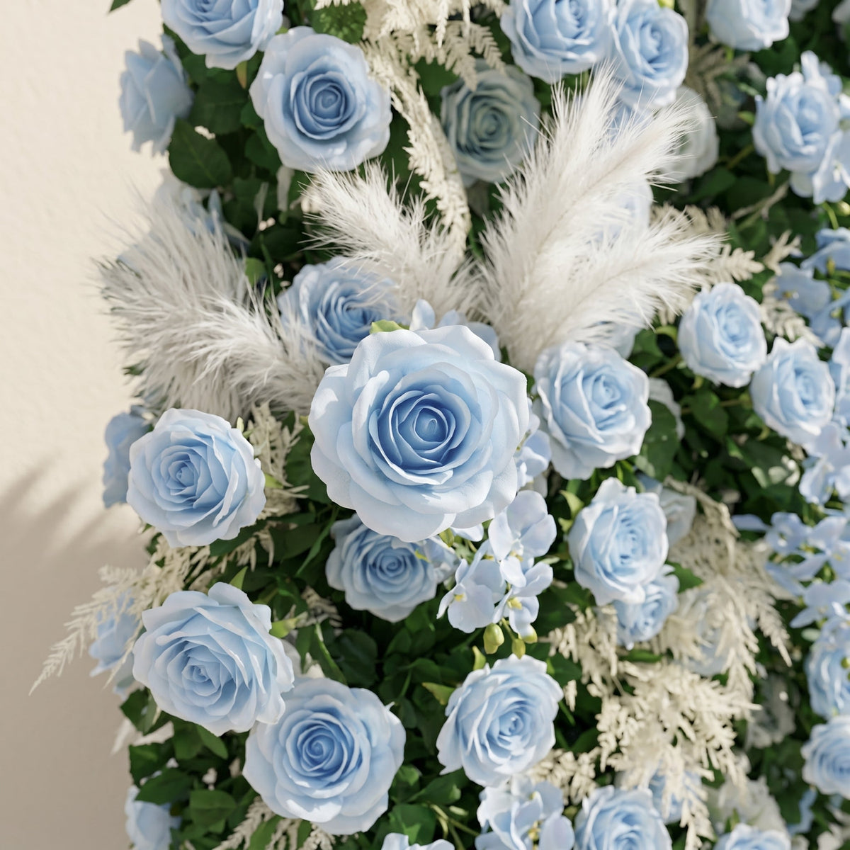 Zarenviane | Luxury 5D Dusty Blue Floral Wall with Greenery Roll-Up Backdrop for Serene Garden Weddings | Shipping Included