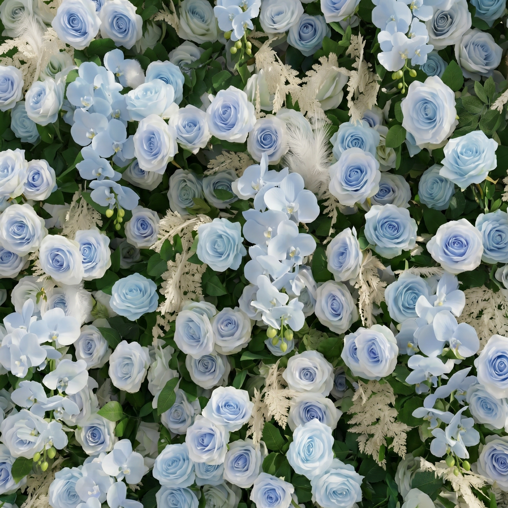 Zarenviane | Luxury 5D Dusty Blue Floral Wall with Greenery Roll-Up Backdrop for Serene Garden Weddings | Shipping Included