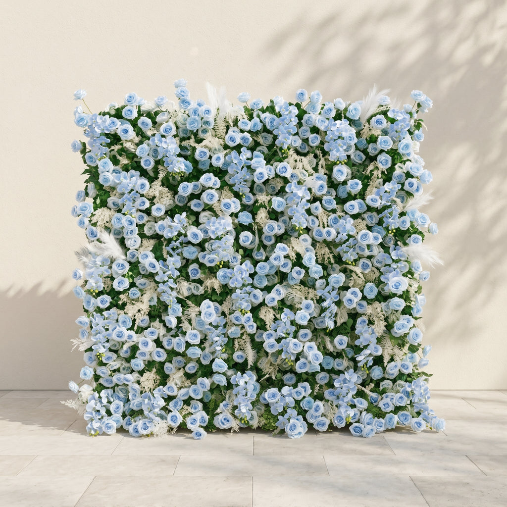 Zarenviane | Luxury 5D Dusty Blue Floral Wall with Greenery Roll-Up Backdrop for Serene Garden Weddings | Shipping Included