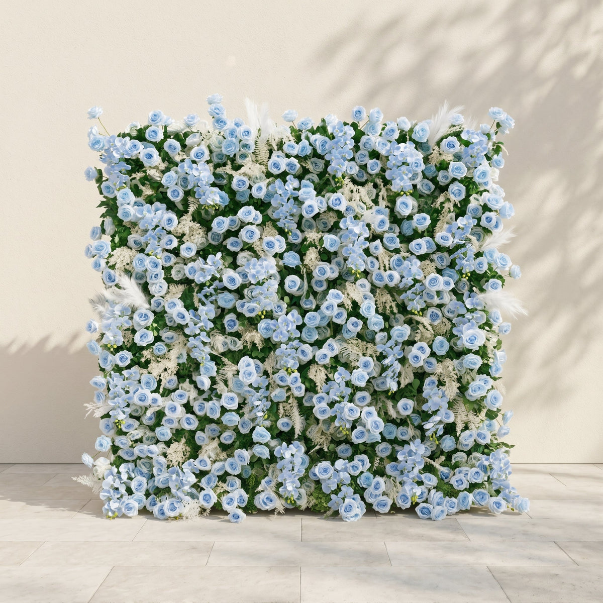 Zarenviane | Luxury 5D Dusty Blue Floral Wall with Greenery Roll-Up Backdrop for Serene Garden Weddings | Shipping Included