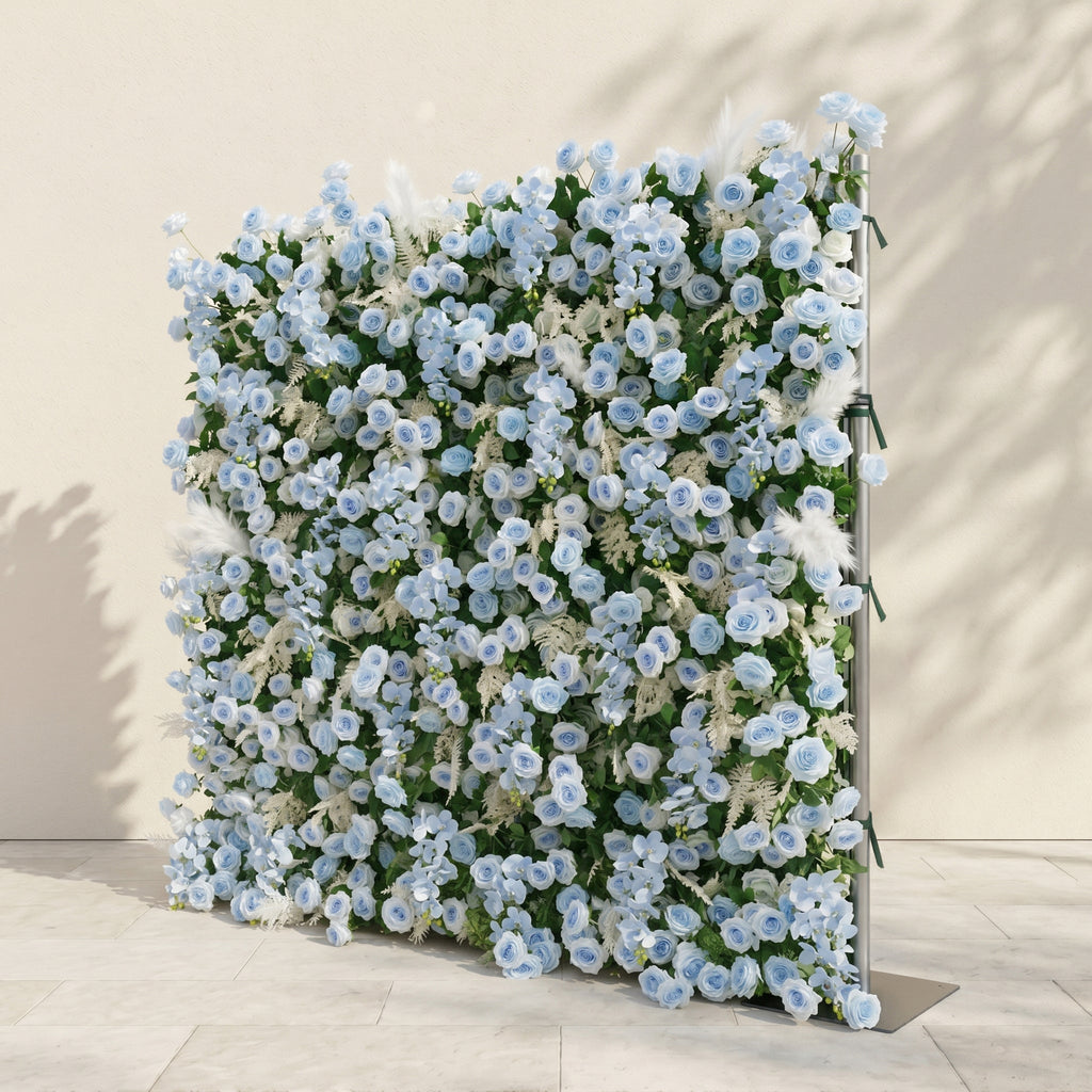 Zarenviane | Luxury 5D Dusty Blue Floral Wall with Greenery Roll-Up Backdrop for Serene Garden Weddings | Shipping Included