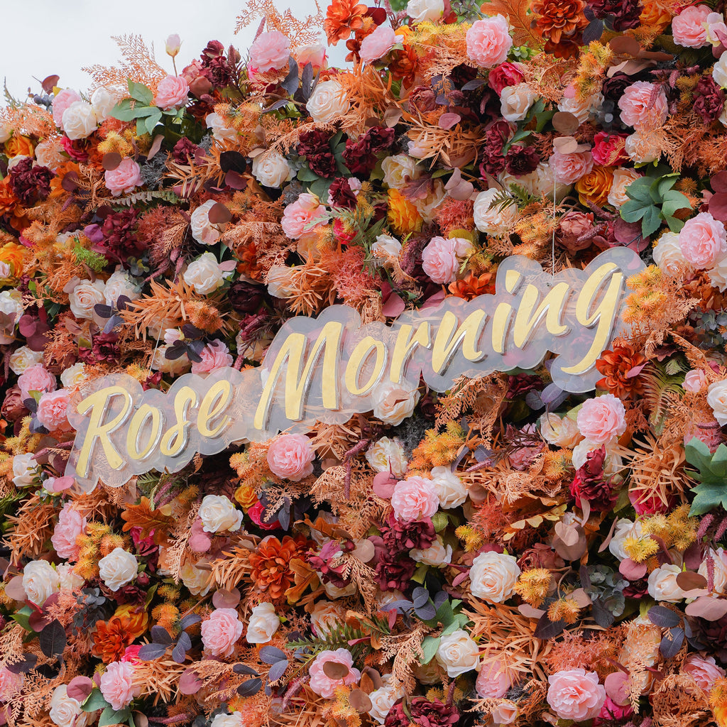 Rose Morning“The flower walls are made of artificial flowers in various colors, layered at different levels to create a lush, elegant and natural look. The exclusive zipper design and roll-up design make it easy to install and remove.”