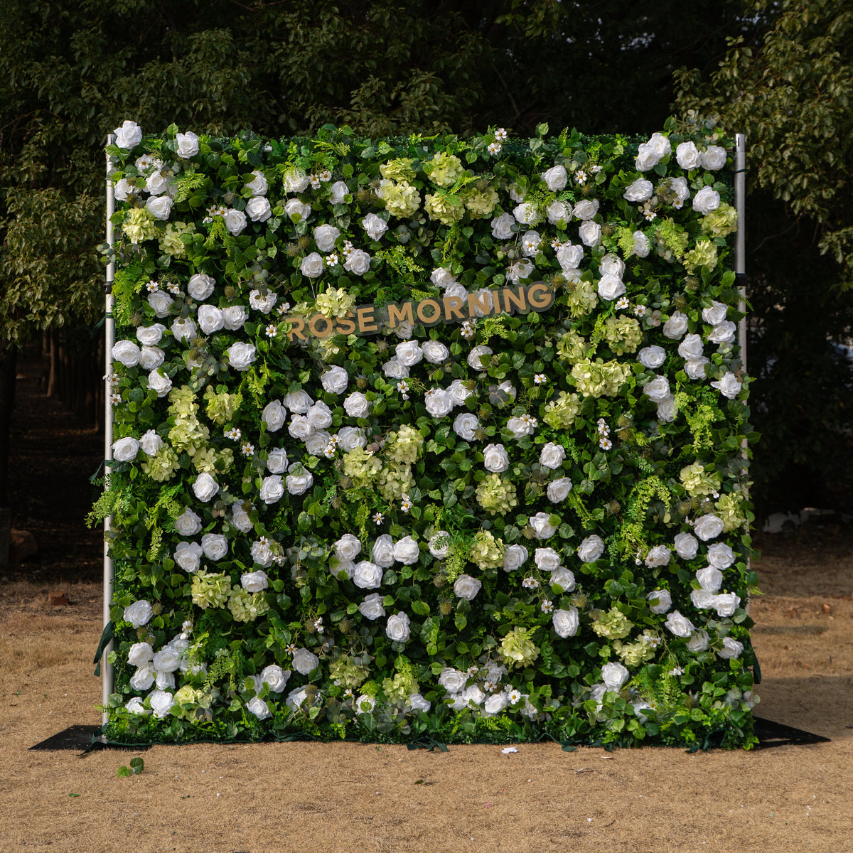 Cressida | 3D Elegant White Silk Rose & Greenery Foliage Wall Roll-Up Fabric Backdrop for Luxury Weddings, Parties & Botanical Decor | Shipping Included