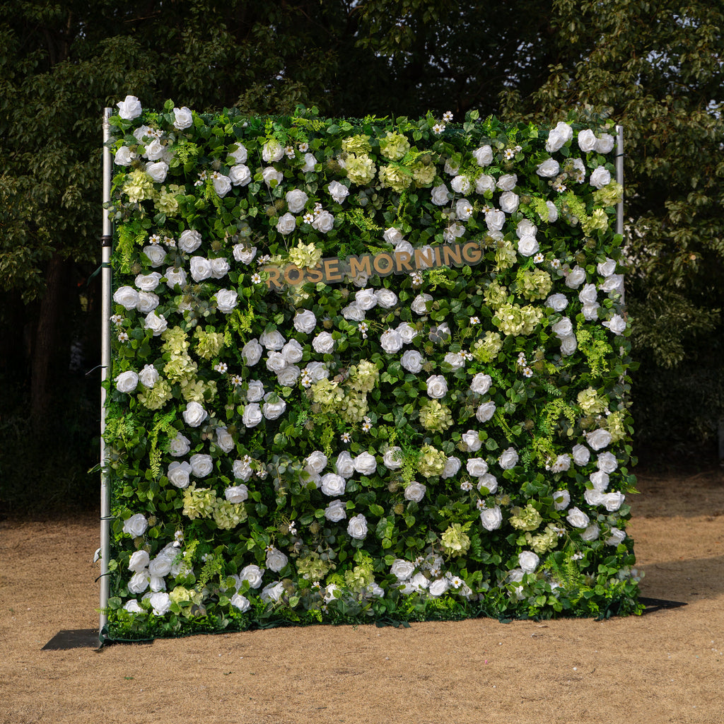 Cressida | 3D Elegant White Silk Rose & Greenery Foliage Wall Roll-Up Fabric Backdrop for Luxury Weddings, Parties & Botanical Decor | Shipping Included