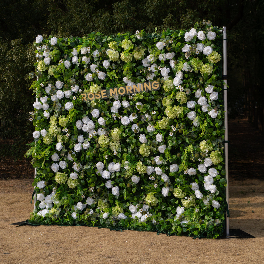 Cressida | 3D Elegant White Silk Rose & Greenery Foliage Wall Roll-Up Fabric Backdrop for Luxury Weddings, Parties & Botanical Decor | Shipping Included
