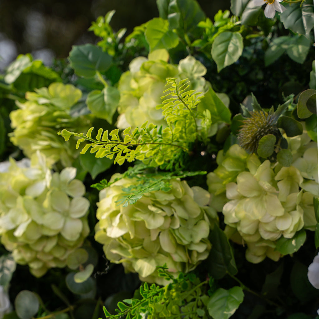 Cressida | 3D Elegant White Silk Rose & Greenery Foliage Wall Roll-Up Fabric Backdrop for Luxury Weddings, Parties & Botanical Decor | Shipping Included
