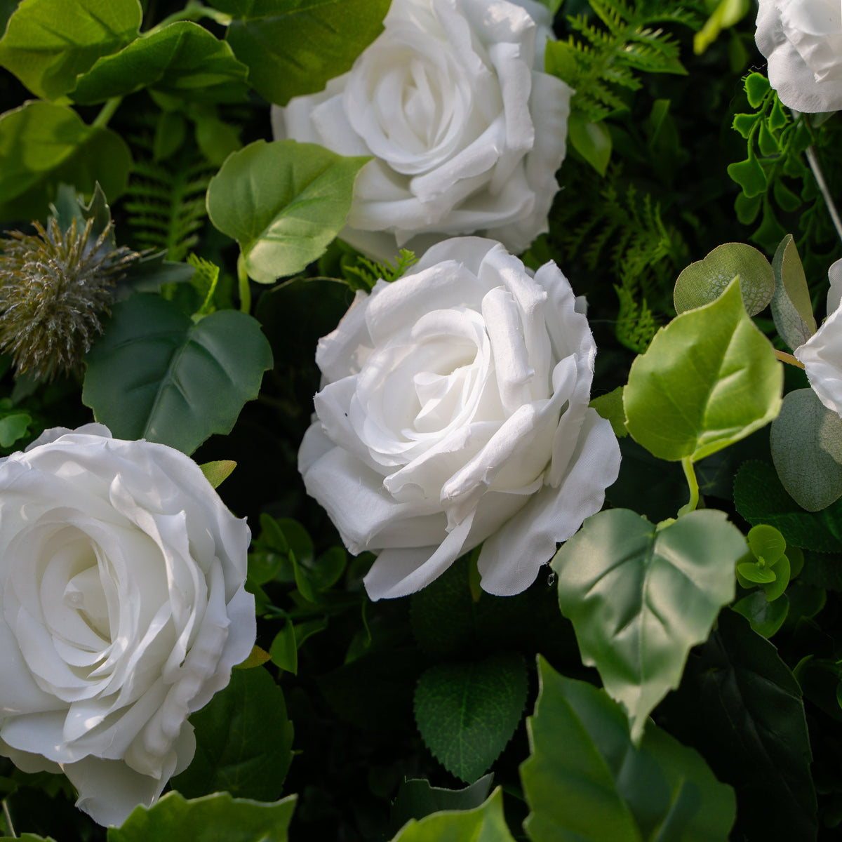 Cressida | 3D Elegant White Silk Rose & Greenery Foliage Wall Roll-Up Fabric Backdrop for Luxury Weddings, Parties & Botanical Decor | Shipping Included