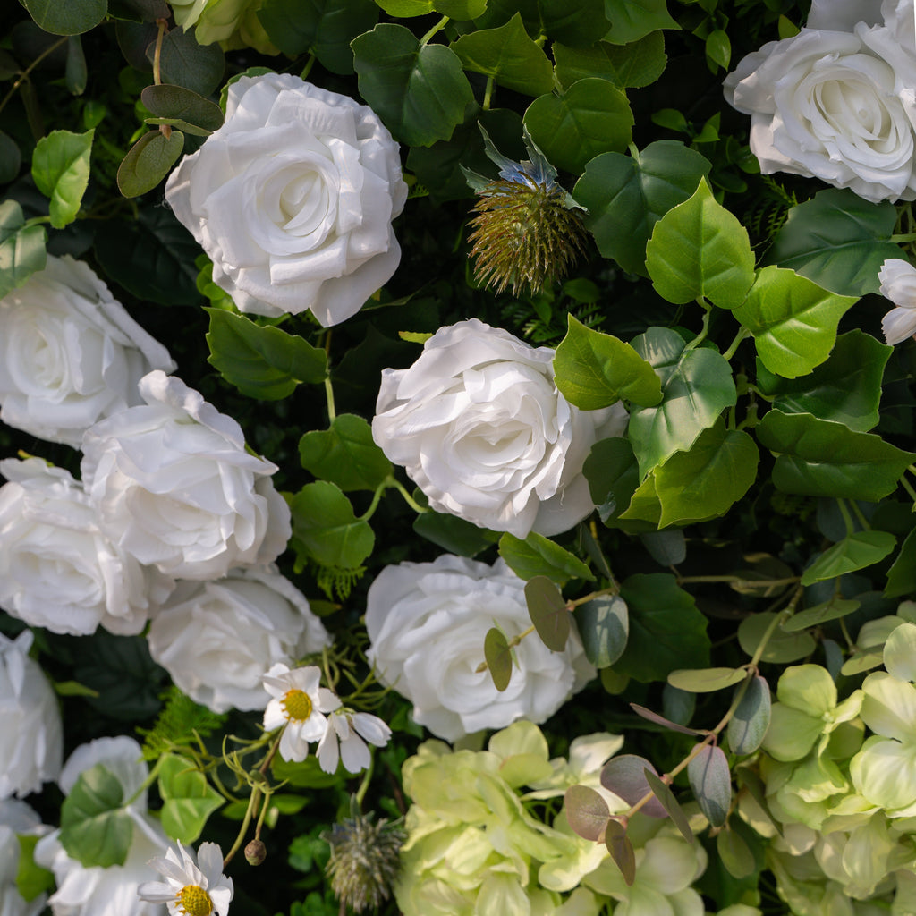 Cressida | 3D Elegant White Silk Rose & Greenery Foliage Wall Roll-Up Fabric Backdrop for Luxury Weddings, Parties & Botanical Decor | Shipping Included