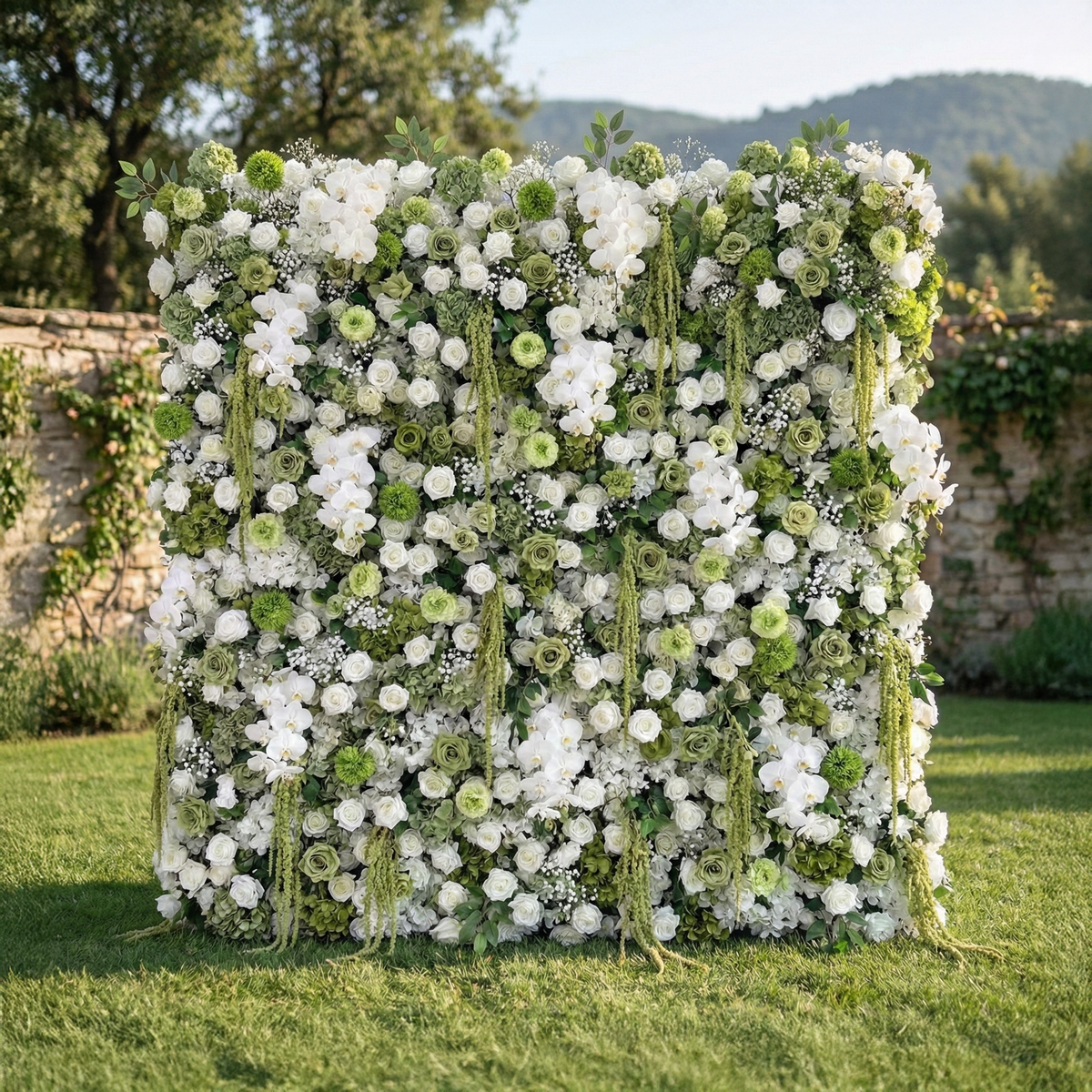 Lumi | 5D Sage Green & Cream Silk Floral Wall with Hanging Vines for Grand Forest Weddings & Garden Parties | Shipping Included