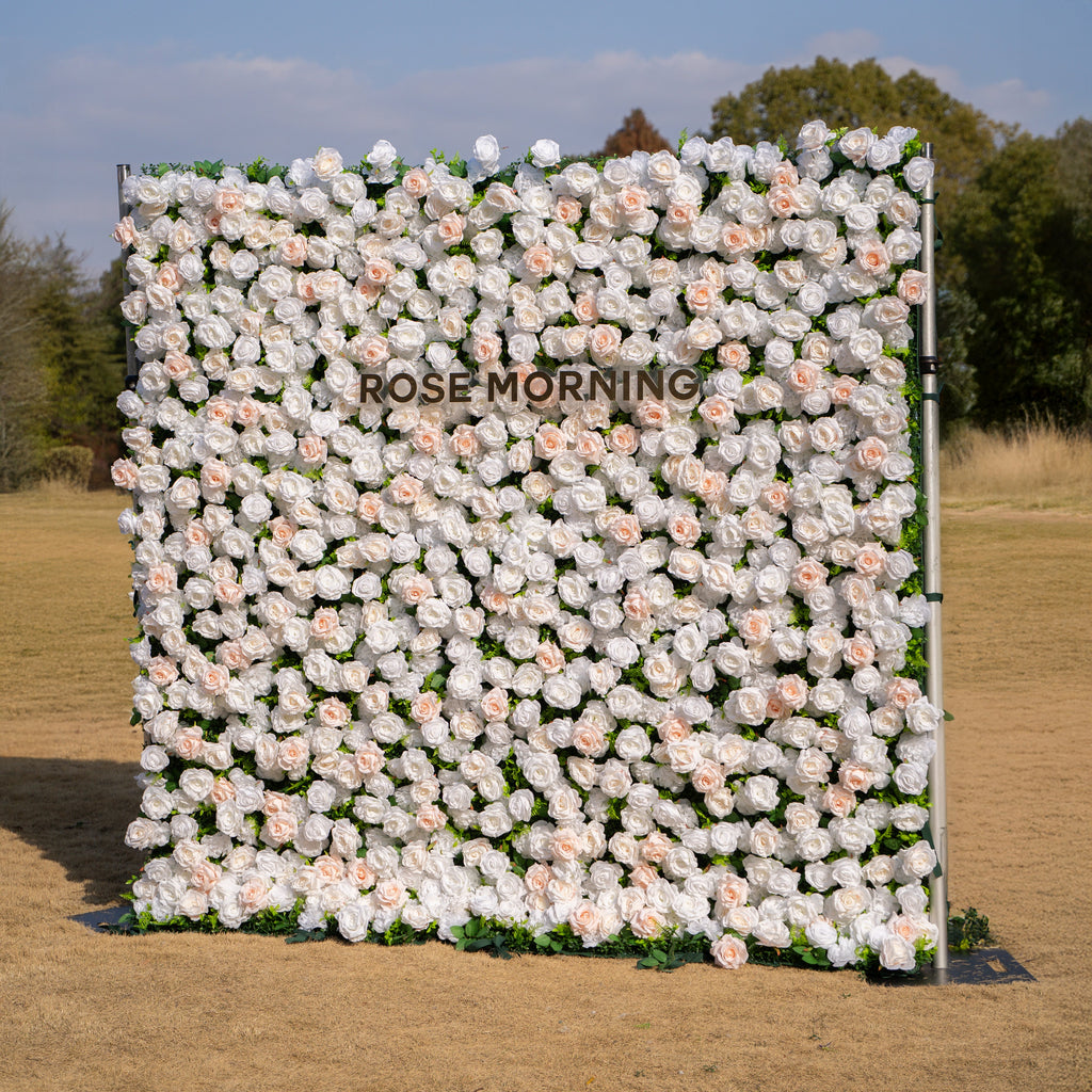Nerina | 3D Elegant Ivory & Nude Silk Rose Flower Wall Roll Up Fabric Floral Curtain for Wedding Events Decor | Shipping Included