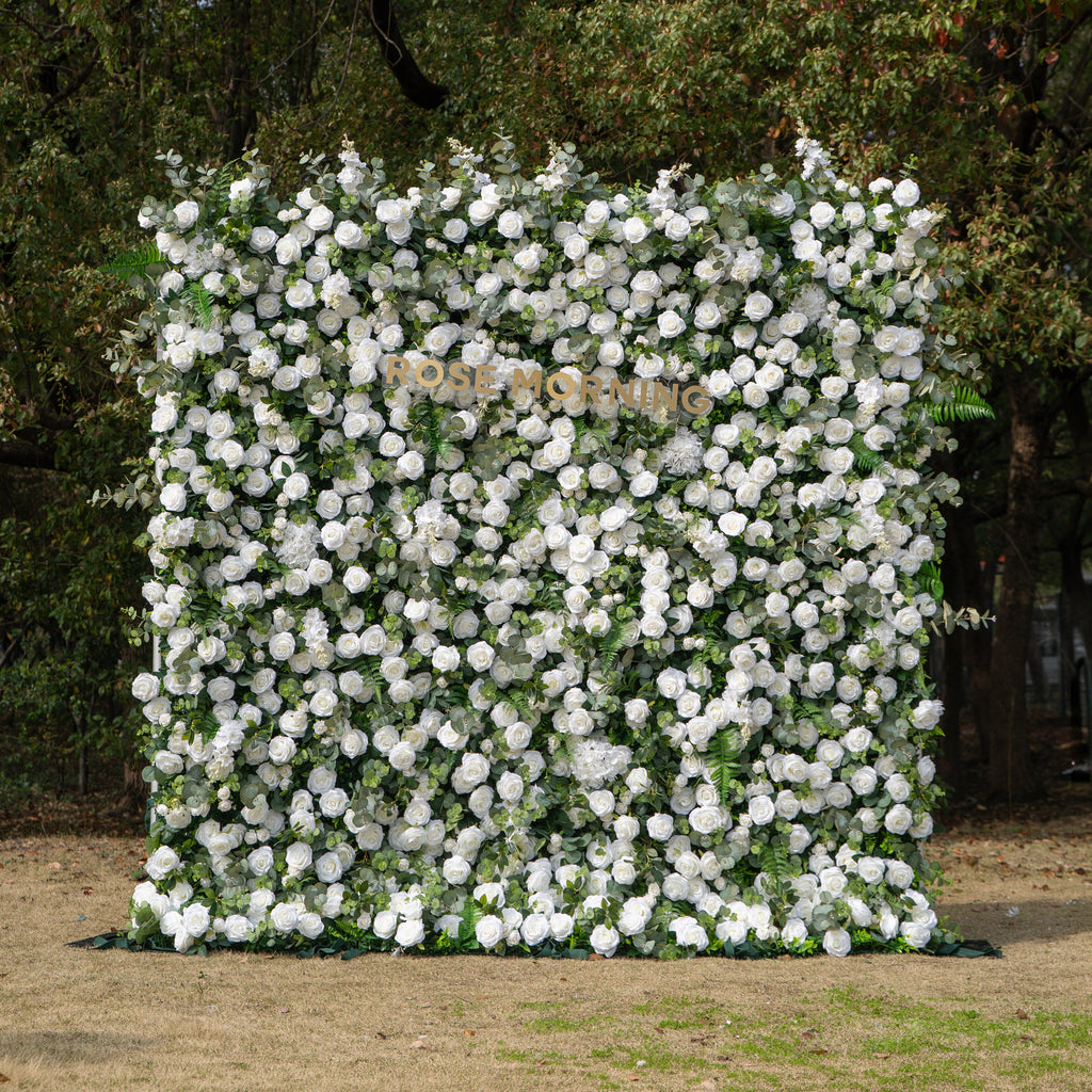 Orin | 5D Elegant White Silk Rose & Greenery Wall Roll-Up Fabric Backdrop for Grand Garden Weddings & Receptions | Shipping Included