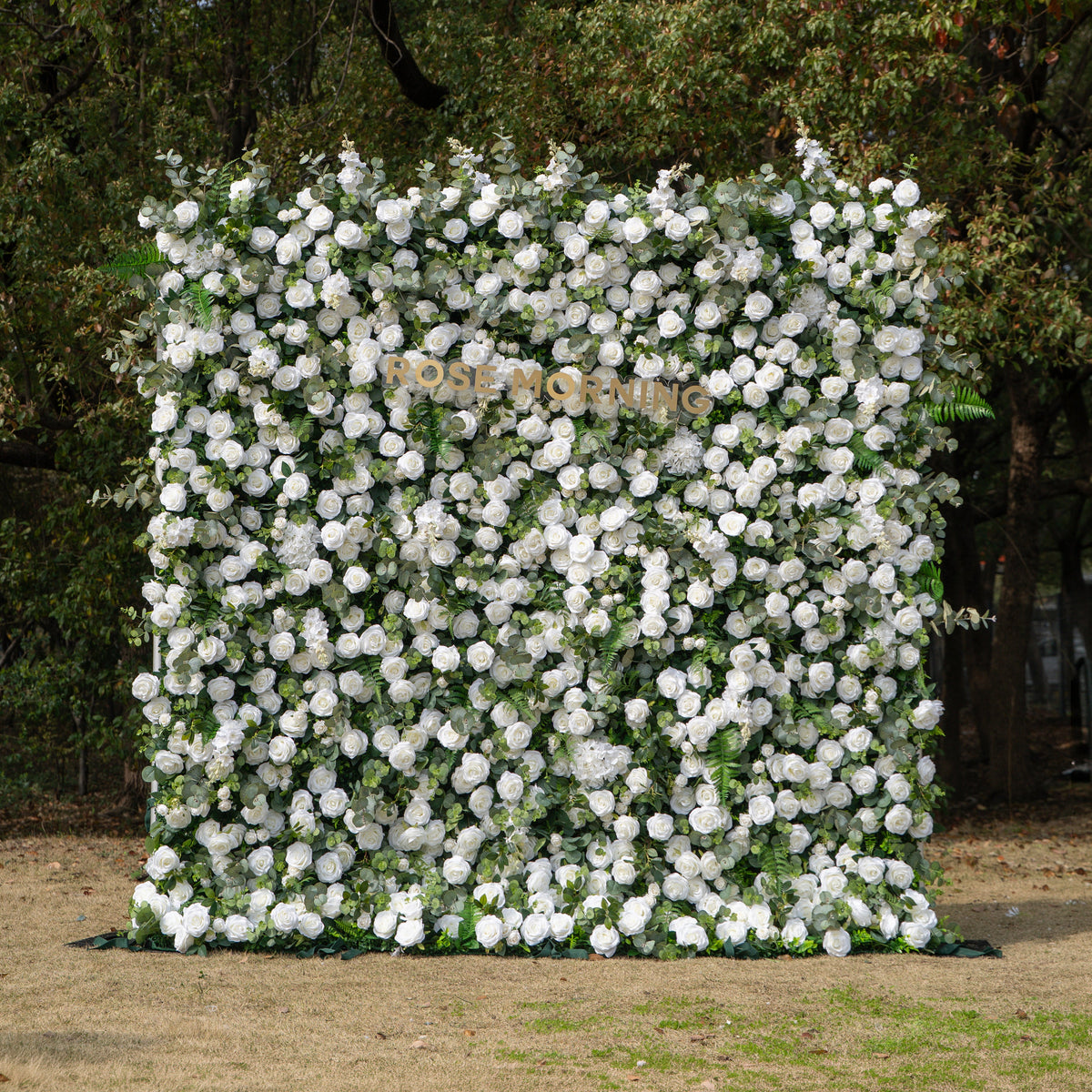 Orin | 5D Elegant White Silk Rose & Greenery Wall Roll-Up Fabric Backdrop for Grand Garden Weddings & Receptions | Shipping Included