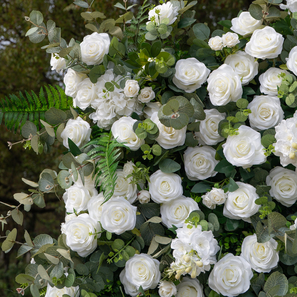 Orin | 5D Elegant White Silk Rose & Greenery Wall Roll-Up Fabric Backdrop for Grand Garden Weddings & Receptions | Shipping Included